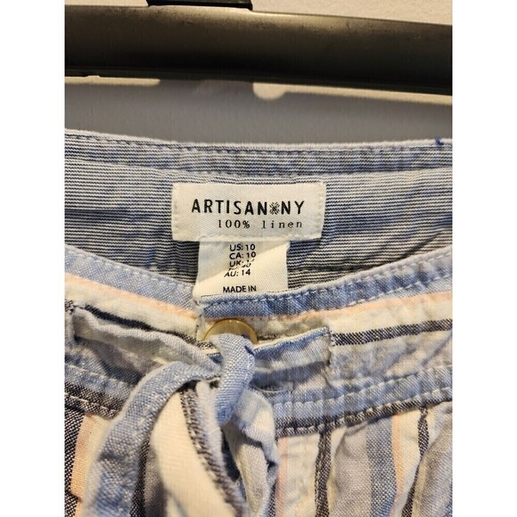 Artisan NY 100% Linen Shorts Drawstring Button/ Zip Striped Pockets Size 10 - Picture 4 of 6